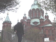 Marc in front of a church in Helsinki