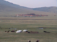 Monastery and gers in the wilderness, Mongola