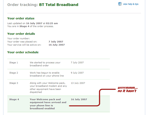 BT order tracker claiming they've completed the order